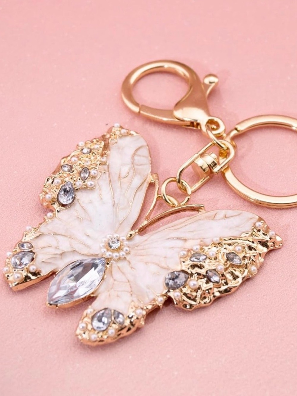 Blush Pink Crystal & Pearl Butterfly Bag Charm/Keychain - Picture 4 of 4